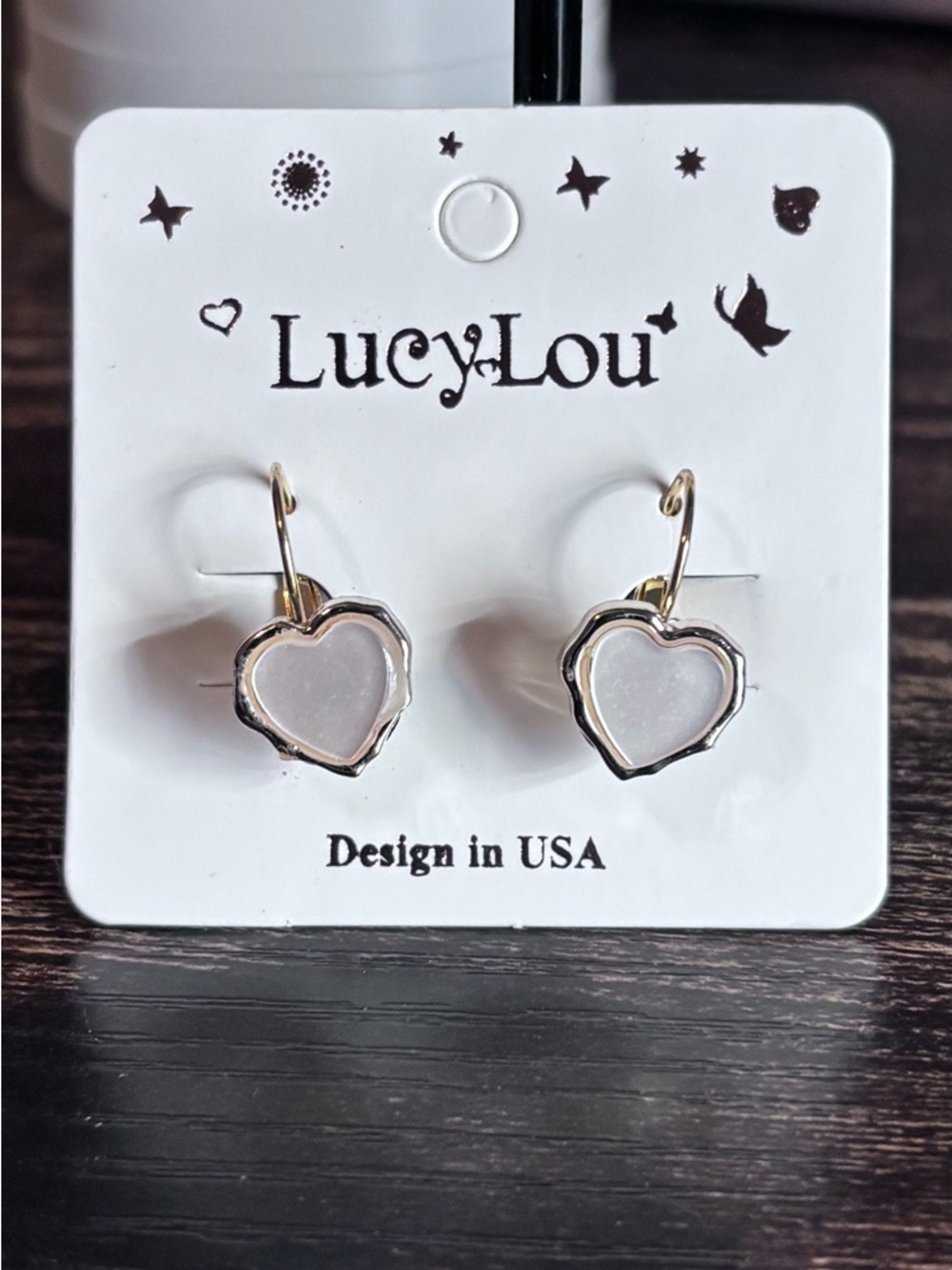 Gold Heart Drop Earrings with‎ White Center Inlay